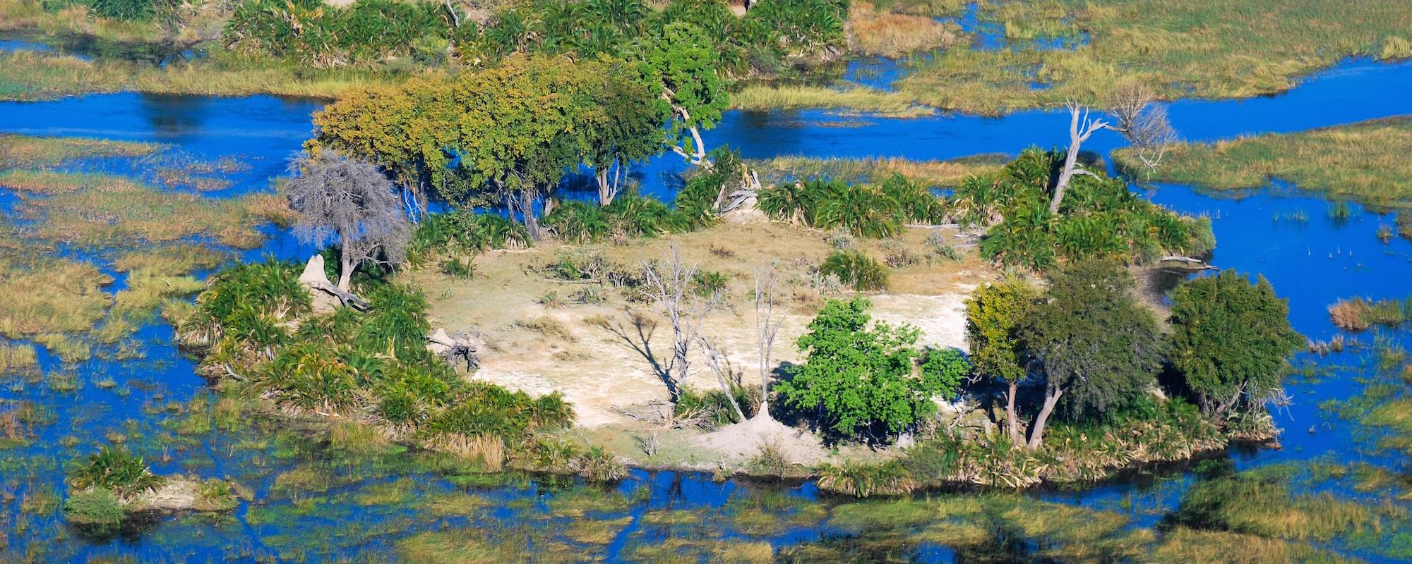 Botswana ist eines der besten Länder für einen Safari Urlaub - hier sieht man eine Insel im Okavango Delta in Botswana 